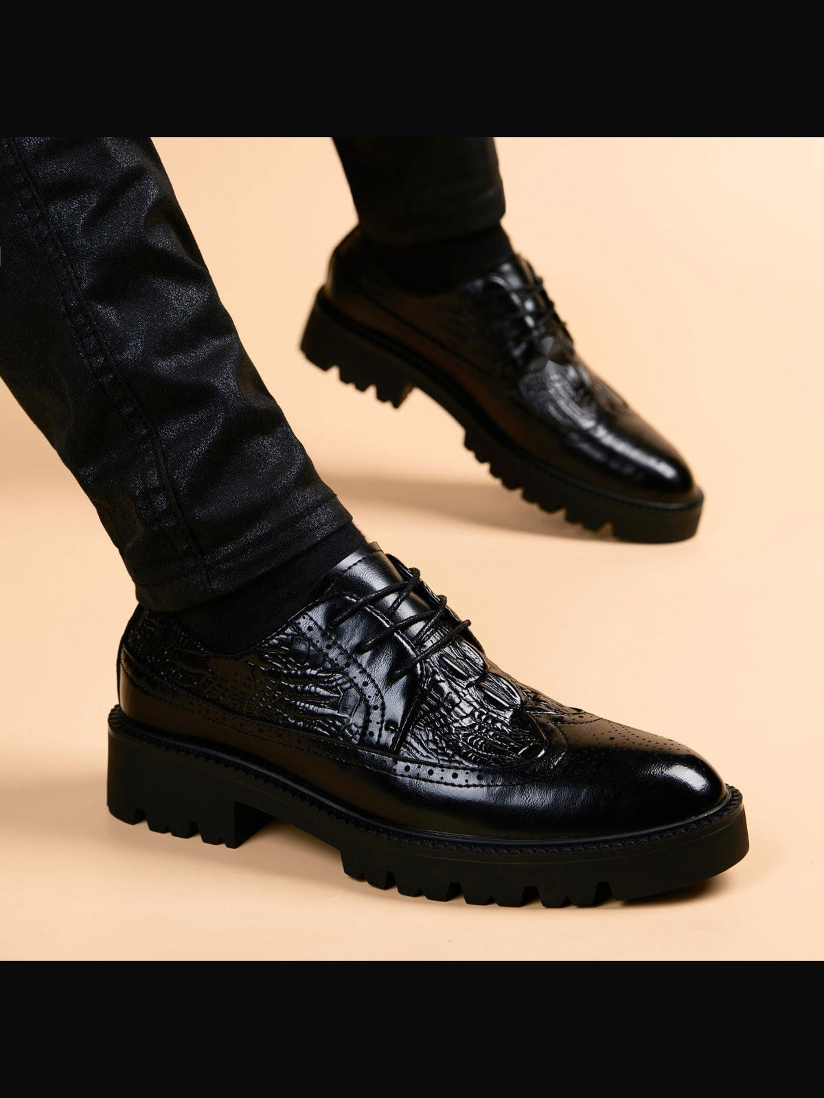 Black handcrafted genuine leather shoes - color image