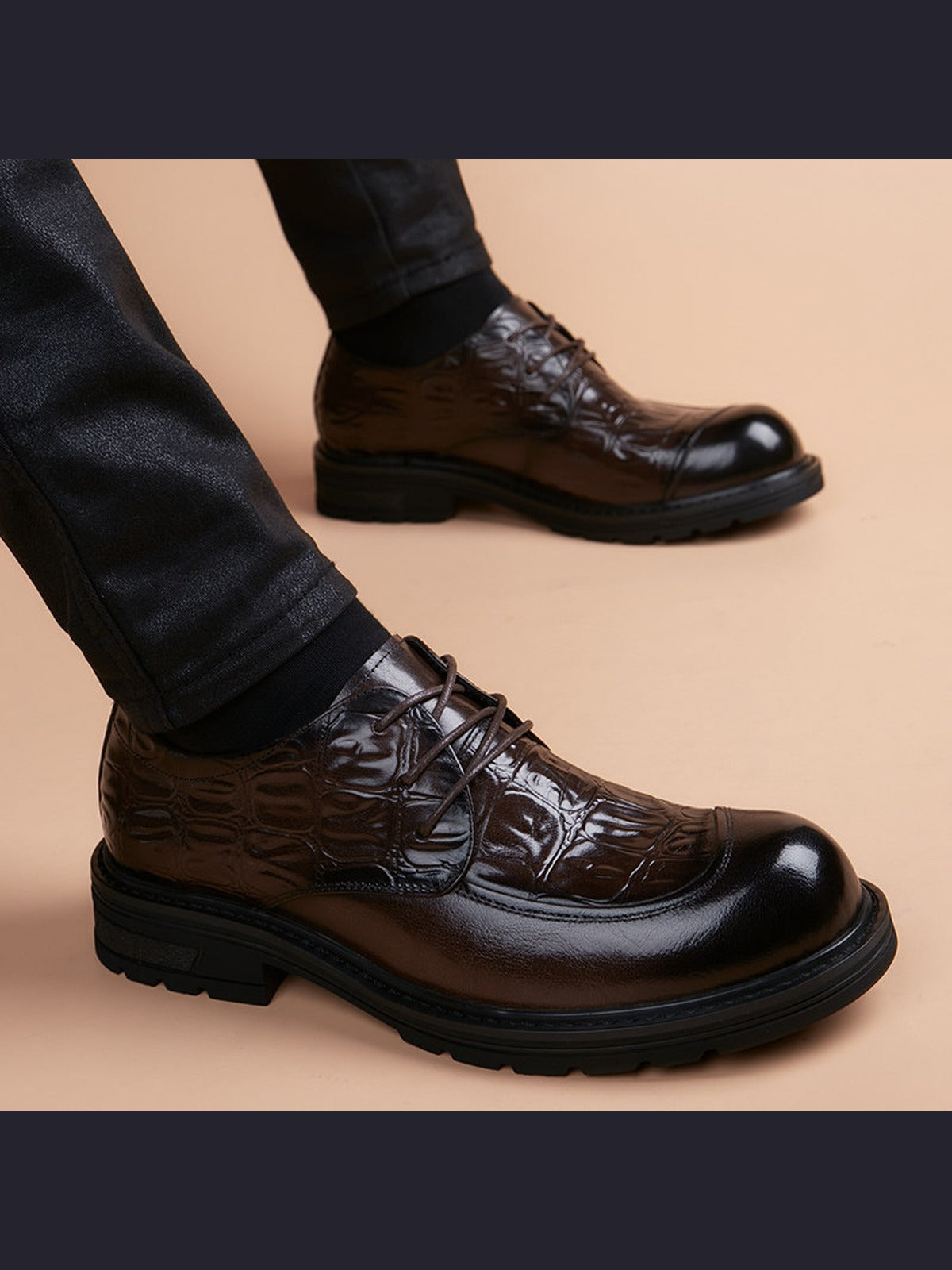 Brown handcrafted genuine leather shoes - color image