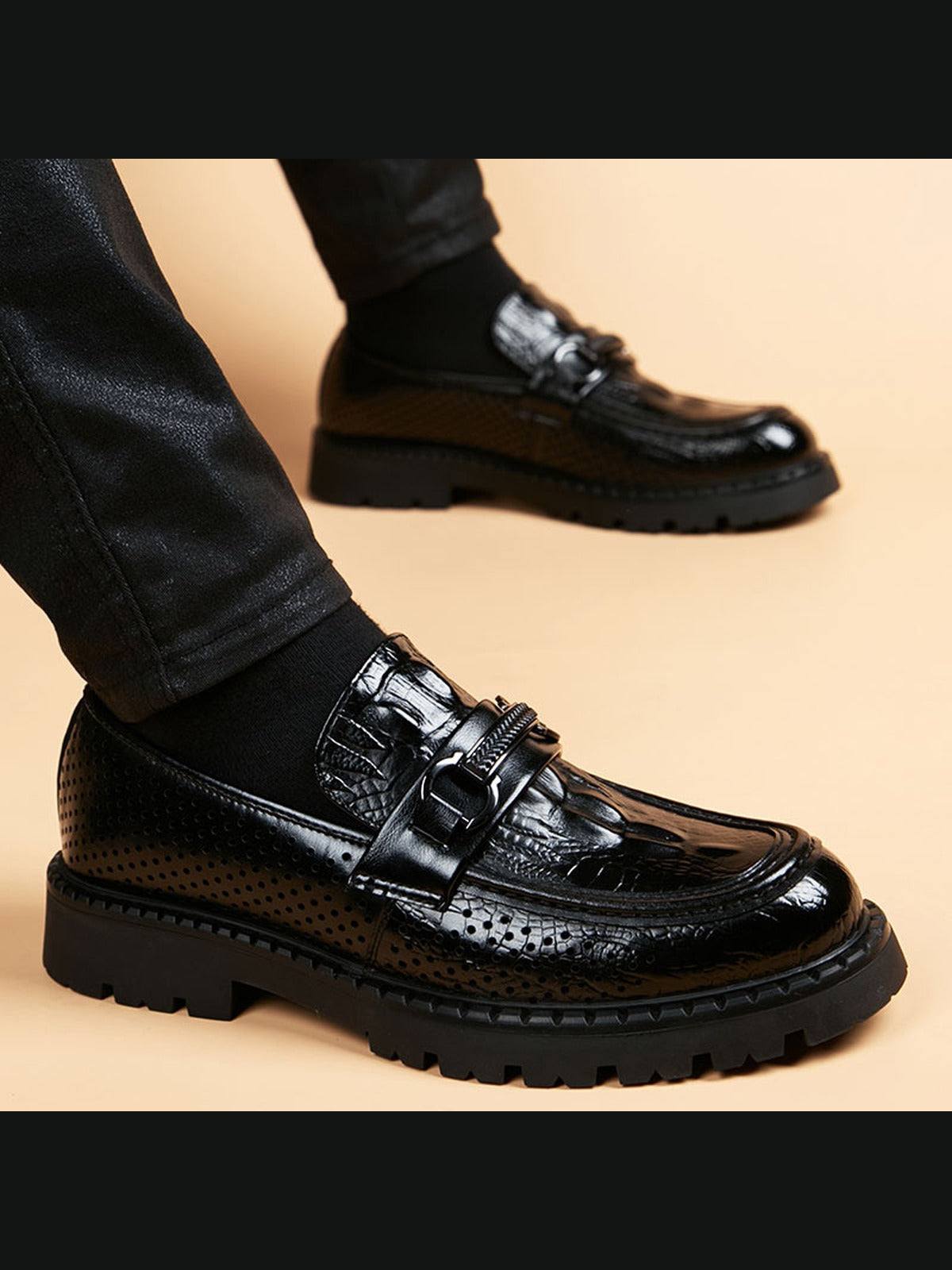 Black handcrafted genuine leather shoes - color image