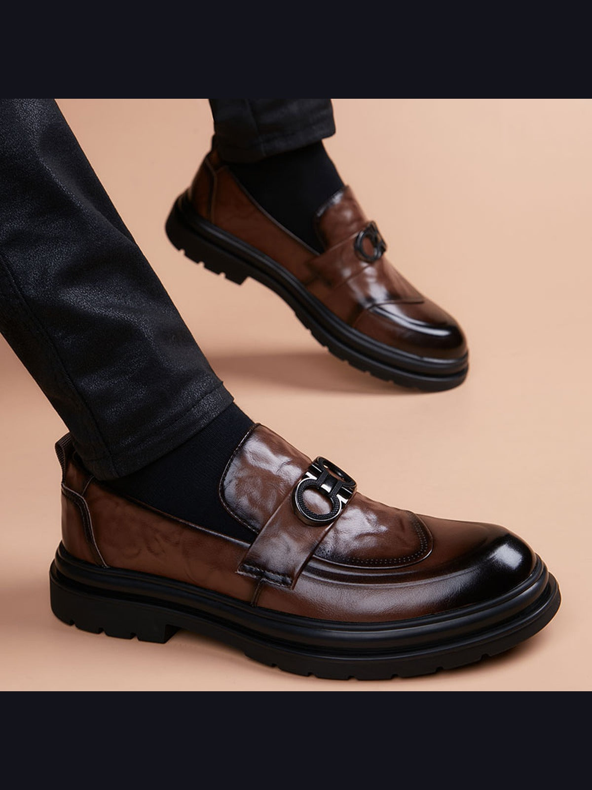 Brown handcrafted genuine leather shoes - color image
