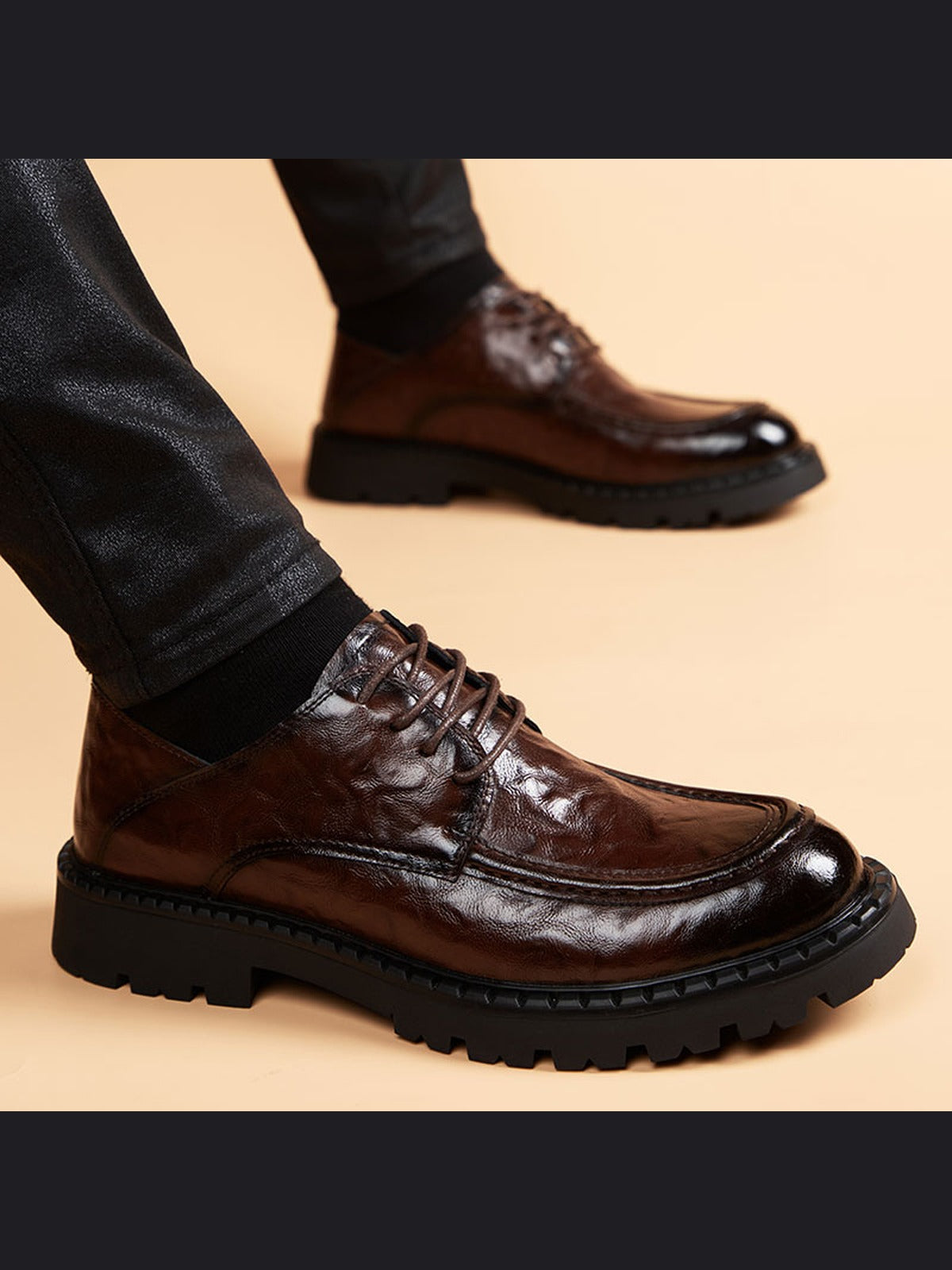 Brown handcrafted genuine leather shoes - color image