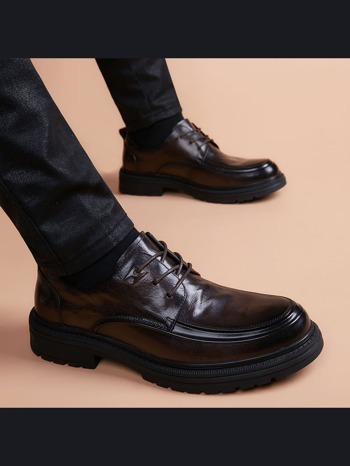 Brown handcrafted genuine leather shoes - color image