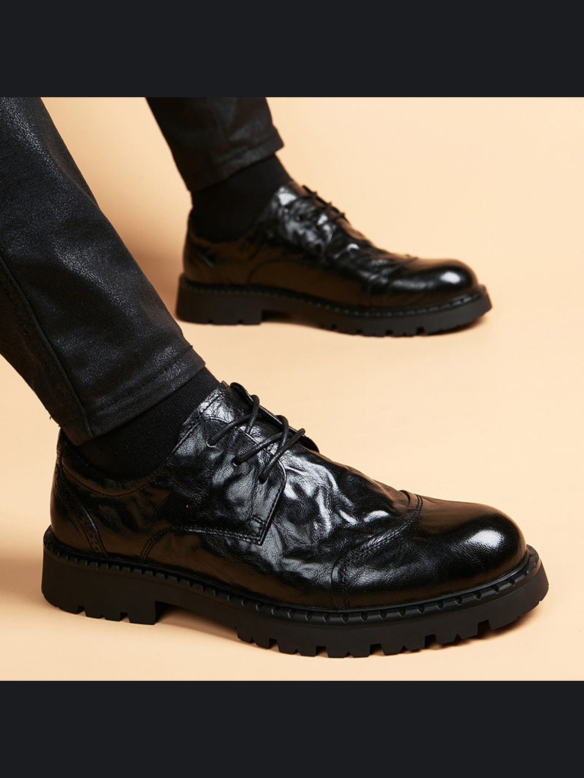 Black handcrafted genuine leather shoes - color image