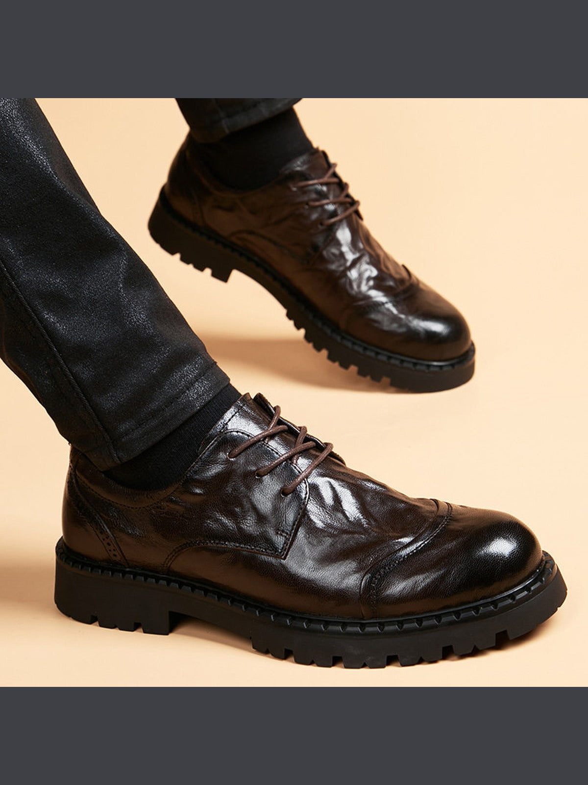 Brown handcrafted genuine leather shoes - color image