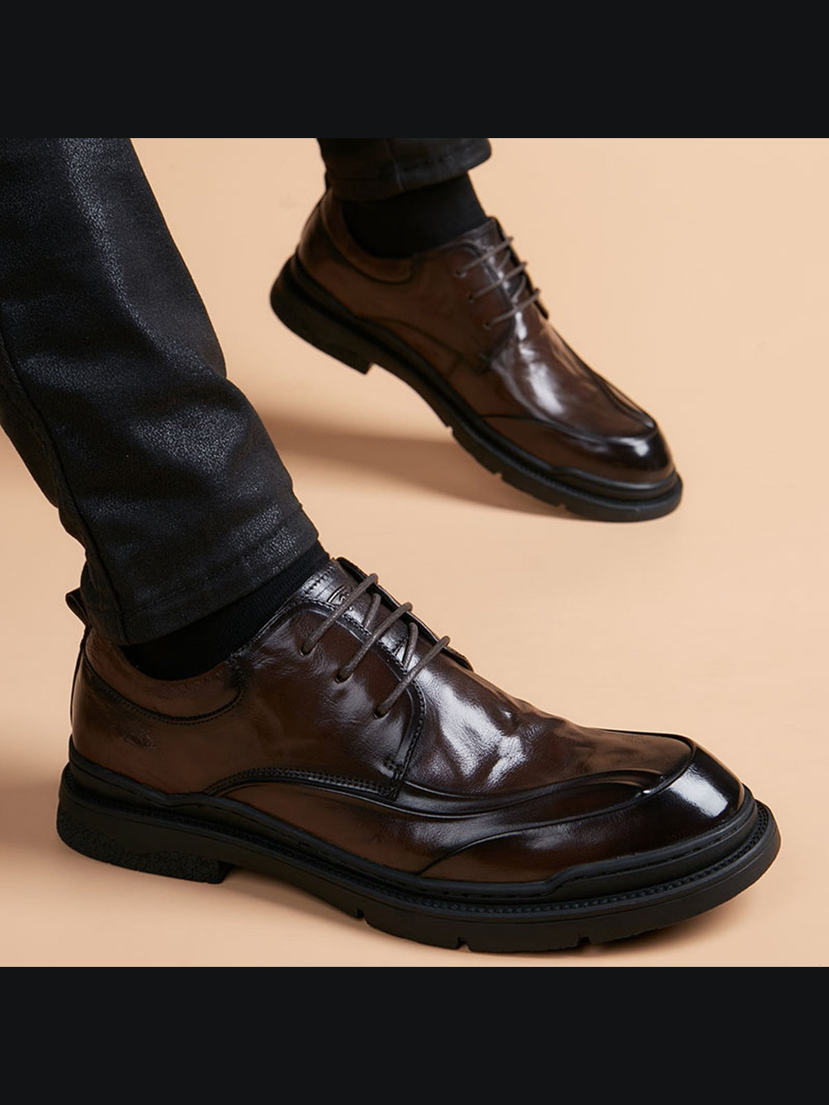 Brown handcrafted genuine leather shoes - color image