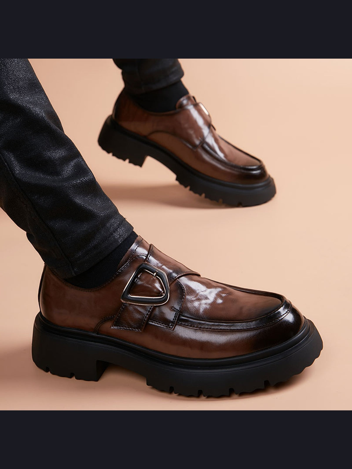 Brown handcrafted genuine leather shoes - color image