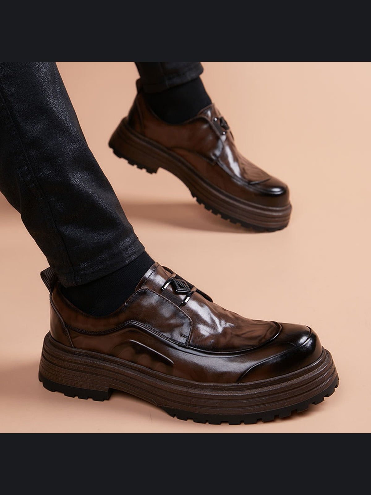 Brown handcrafted genuine leather shoes - color image