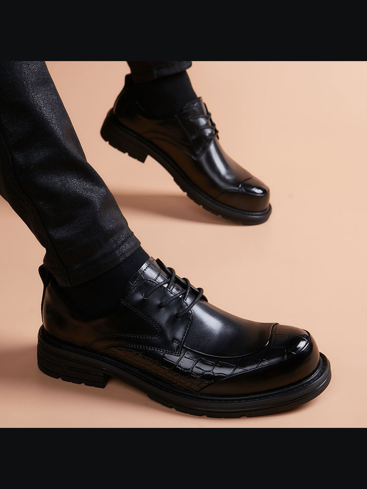 Black handcrafted genuine leather shoes - color image