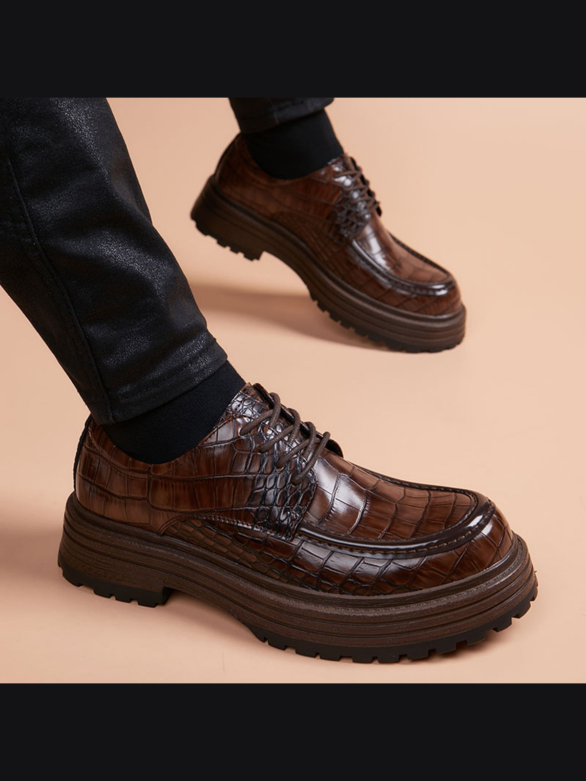 Brown handcrafted genuine leather shoes - color image