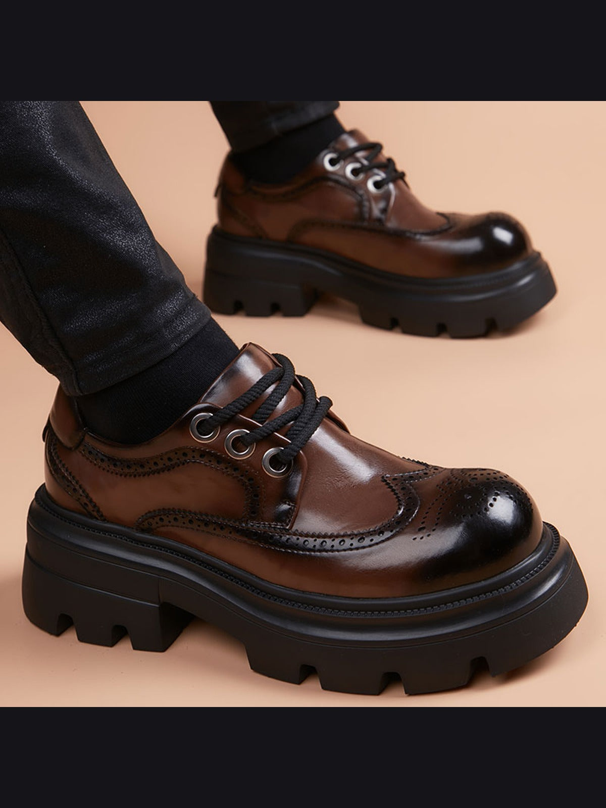 Brown handcrafted genuine leather shoes - color image
