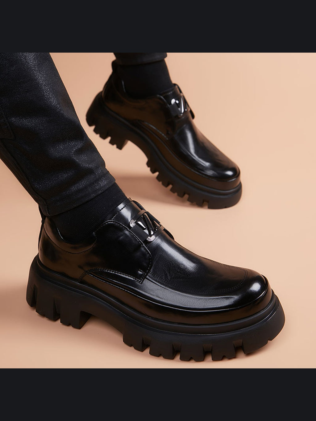 Black handcrafted genuine leather shoes - color image