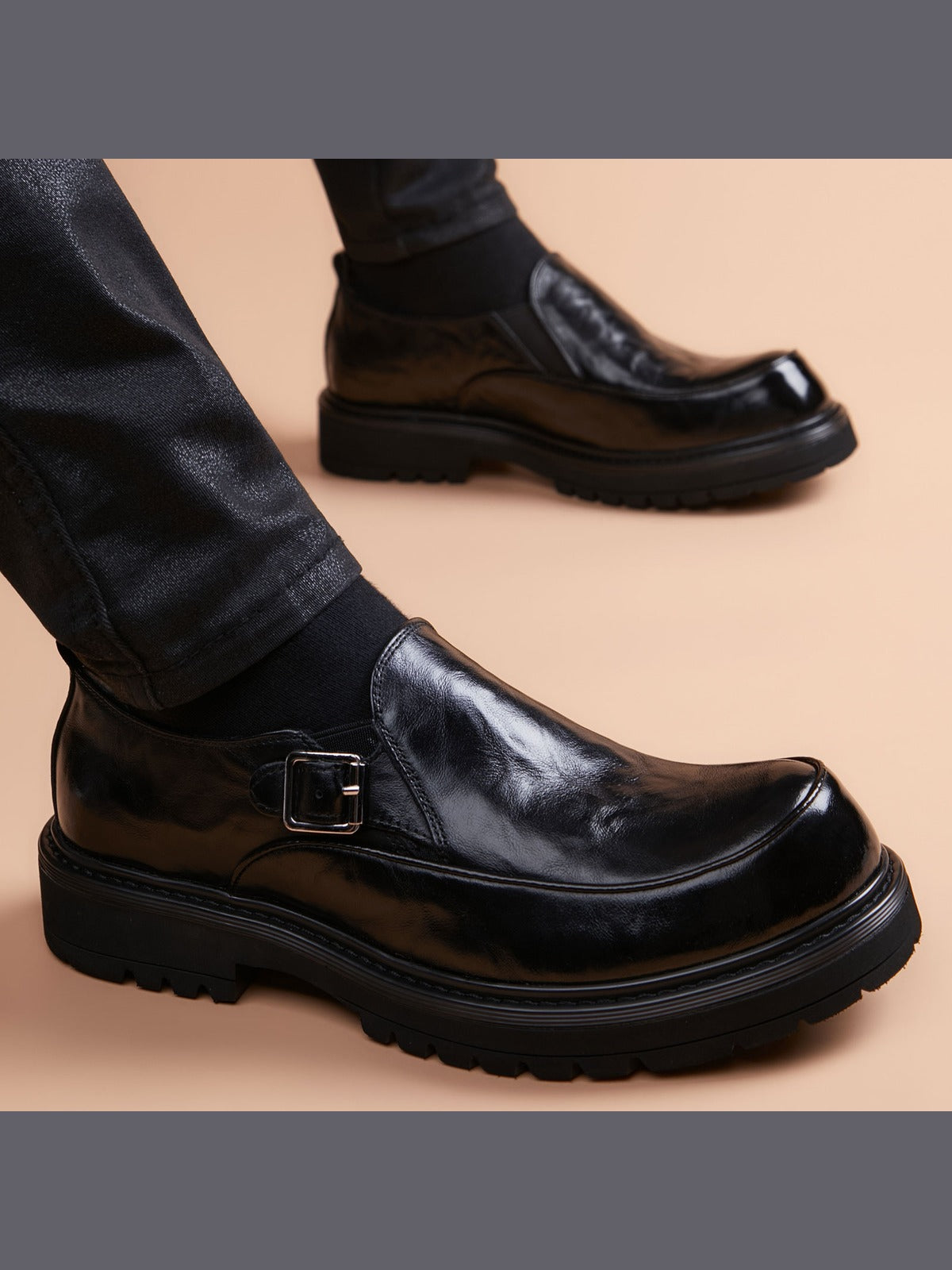 Black handcrafted genuine leather shoes - color image