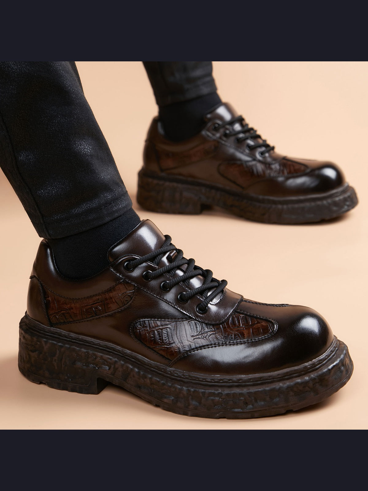 Brown handcrafted genuine leather shoes - color image